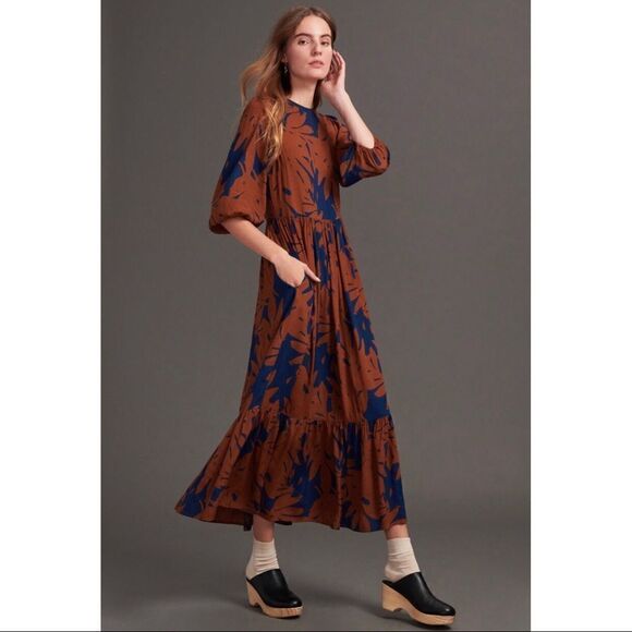NEW Anthropologie Porridge Kiera Brown Floral Puff Sleeved Maxi Dress Medium - Picture 1 of 4